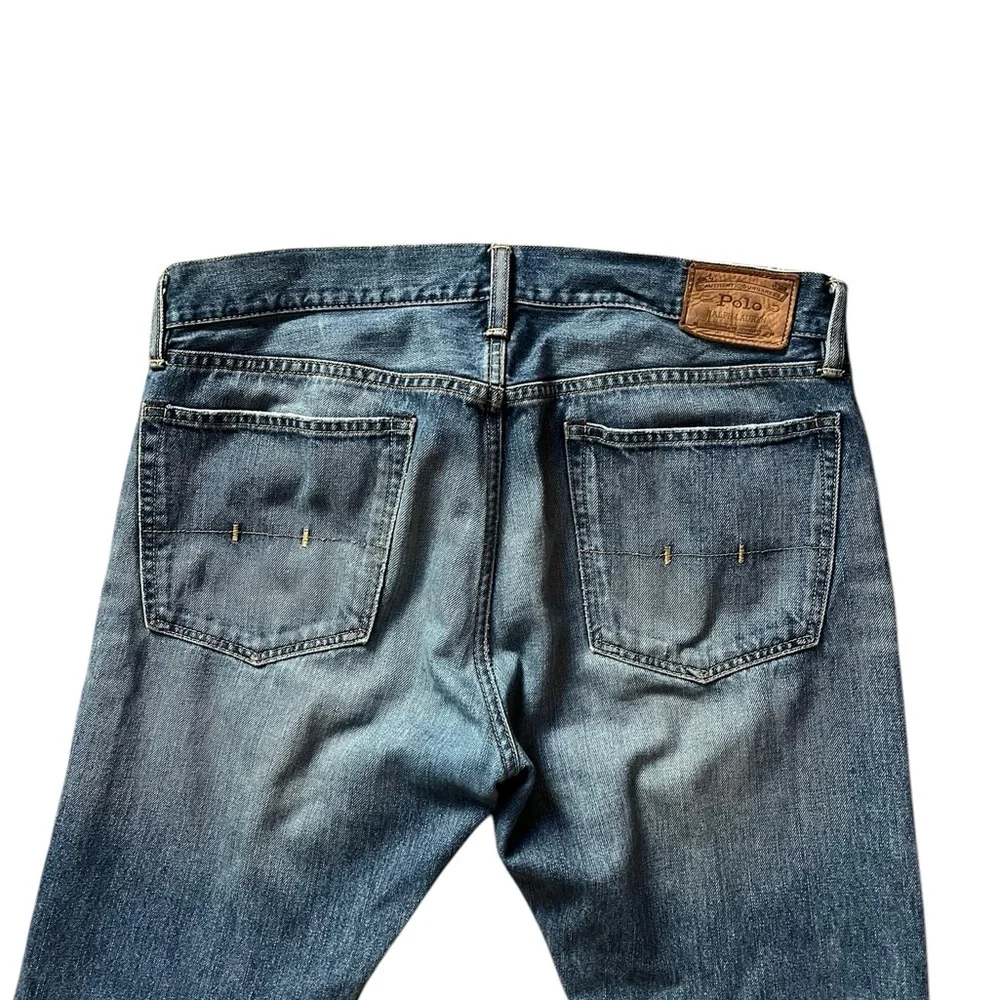 Polo Ralph Lauren Jeans Mens 35x32 Blue Denim Sullivan Faded Knees Straight Leg✅